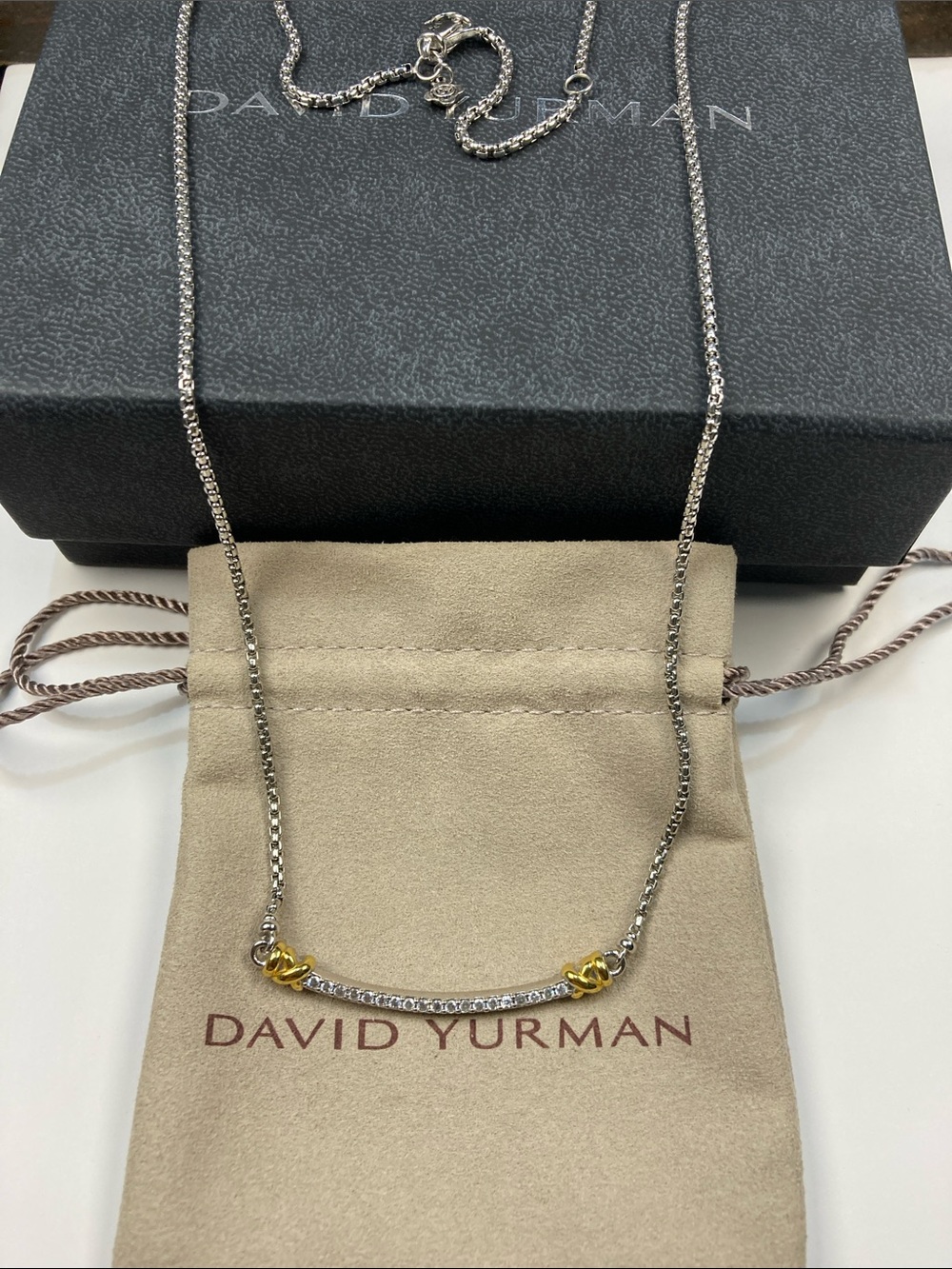 David Yurman Silver Pavé Bar Necklace with Gold Knot Accents